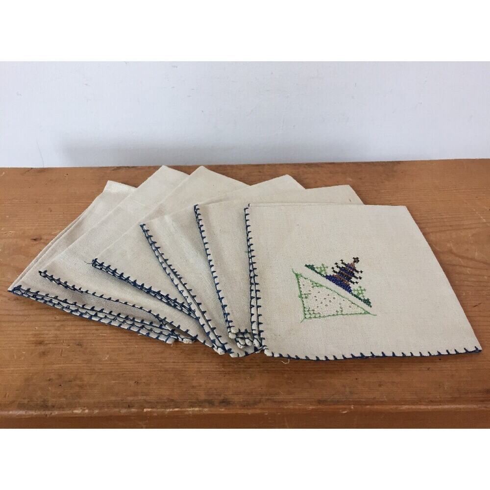 Set 6 Vintage Linen Dutch Windmill Hand Sewn Cross Stitch Square Cloth Napkins